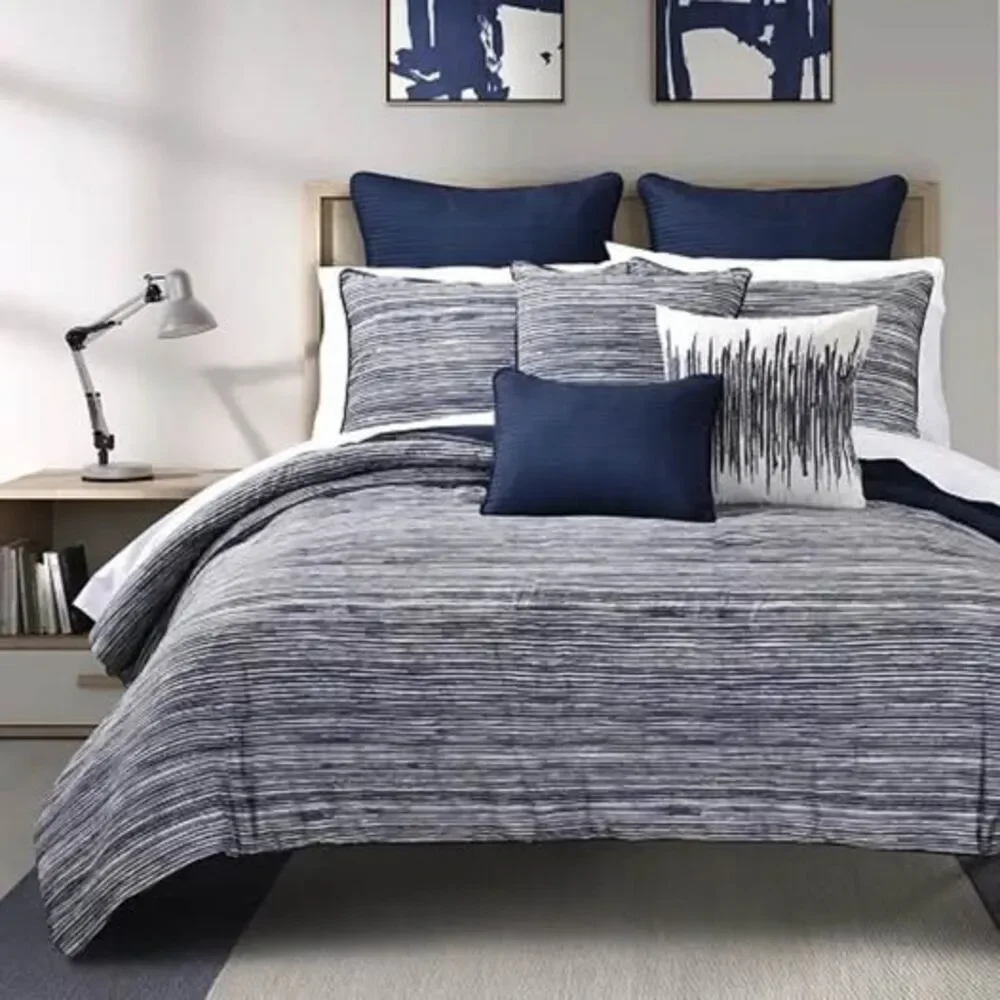 4 Pieces KING Comforter Set Indigo Blue Striped Reversible NEW